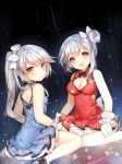  2girls :d black_footwear blue_dress blush bow breasts brown_eyes china_dress chinese_clothes cleavage cleavage_cutout dress fingernails grey_hair hair_bow hair_bun large_breasts long_hair looking_at_viewer looking_back multiple_girls ning_hai_(warship_girls_r) open_mouth parted_lips ping_hai_(warship_girls_r) red_dress shoes side_bun side_ponytail sitting sleeveless sleeveless_dress small_breasts smile tengxiang_lingnai wariza warship_girls_r white_bow wrist_cuffs 