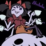  ;d animal arm_behind_back arm_support black_background black_hair bow bowtie breasts bug crossed_legs cup extra_eyes fangs hair_bow holding holding_cup insect insect_girl laughing monster_girl muffet muffet's_pet multiple_arms one_eye_closed open_mouth orange_shorts oversized_animal pantyhose puffy_short_sleeves puffy_shorts puffy_sleeves purple_eyes purple_legwear purple_skin red_bow red_neckwear red_shirt reiesu_(reis) shirt short_hair short_sleeves shorts simple_background sitting small_breasts smile solid_eyes solo spider spider_girl teacup teapot text_focus tongue twitter_username two_side_up undertale 