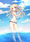  animal_ears azur_lane ball beachball blue_sky braid carrying chi_yei cloud cloudy_sky commentary_request day fake_animal_ears groin highres long_hair looking_at_viewer navel ocean partially_underwater_shot red_eyes sailor_collar short_eyebrows silver_hair single_braid sky solo standing swimsuit thick_eyebrows two_side_up wading water wind yuudachi_(azur_lane) 