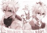  ahoge amakusa_shirou_(fate) astolfo_(fate) bangs cake caules_forvedge_yggdmillennia dark_skin earrings eyebrows_visible_through_hair fate/apocrypha fate_(series) food gift glasses hair_between_eyes happy_birthday holding holding_gift holding_sign jewelry looking_at_viewer multiple_monochrome otoko_no_ko priest red_eyes shirt short_hair sieg_(fate/apocrypha) sign tetsumaki waistcoat yellow_eyes 