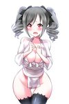 alternate_costume black_legwear blush bow breasts cleavage commentary_request drill_hair fundoshi groin highres idolmaster idolmaster_cinderella_girls japanese_clothes kanzaki_ranko large_breasts long_hair open_mouth red_eyes ribbon silver_hair solo tango_(tn500) thigh_gap thighhighs twintails wide_hips yamakasa 