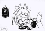  &gt;_&lt; animal_ears arm_grab bangs bare_shoulders blush bow breasts cleavage clothes_hanger clothes_tug crying d: detached_collar detached_sleeves eyebrows_visible_through_hair fang fate/extra fate_(series) fox_ears greyscale hair_bow japanese_clothes kimono langbazi large_breasts long_sleeves monochrome obi open_mouth pointing sash signature sketch solo_focus standing tamamo_(fate)_(all) tamamo_no_mae_(fate) tears wavy_mouth wide_sleeves 