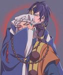  aya_(sabaneko) bead_necklace beads black_gloves black_hair blue_eyes blue_hair covering_mouth facial_scar gloves holding_ears japanese_clothes jewelry male_focus mikazuki_munechika multiple_boys necklace scar scar_on_cheek sleeves_past_wrists touken_ranbu turban wide_sleeves yamabushi_kunihiro 