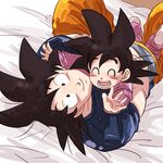  bed bed_sheet black_eyes black_hair closed_eyes dragon_ball dragon_ball_z eyebrows_visible_through_hair father_and_son happy hug looking_at_viewer lying male_focus miiko_(drops7) multiple_boys open_mouth outstretched_hand short_hair smile son_gokuu son_goten spiked_hair upside-down 
