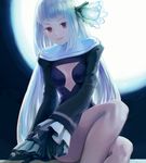  bangs bare_legs black_dress black_gloves blunt_bangs blurry bravely_default_(series) bravely_second:_end_layer breasts center_opening closed_mouth depth_of_field dress eyebrows eyelashes eyes_visible_through_hair feet_out_of_frame flower frilled_sleeves frills full_moon gloves hair_flower hair_ornament highres lips long_hair long_sleeves looking_at_viewer magnolia magnolia_arch midriff moon night night_sky pink_lips red_eyes reiesu_(reis) short_dress sidelocks signature sitting sky sleeves_past_wrists small_breasts smile solo straight_hair turtleneck very_long_hair white_hair wide_sleeves 