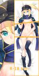  ahoge artoria_pendragon_(all) bed_sheet black_hat black_legwear blonde_hair blue_eyes blue_scarf breasts censored cleavage dakimakura eyebrows_visible_through_hair fate/grand_order fate_(series) from_above full_body groin hair_between_eyes hat long_hair lying menggongfang multiple_views mysterious_heroine_x navel nude on_back ponytail scarf sidelocks small_breasts thighhighs underboob visor_cap 