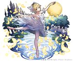  ballerina ballet_slippers bird blonde_hair blue_eyes castle dancing dress feathers jewelry lily_pad looking_at_viewer moon necklace official_art pantyhose pirouette ripples shirako_miso shoumetsu_toshi_2 standing standing_on_liquid swan swan_lake tree water watermark white_dress 