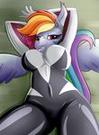  2017 anthro breasts chest_tuft clothing costume equine eyebrows feathered_wings feathers female friendship_is_magic hair hi_res huckser long_hair looking_at_viewer lying mammal marvel multicolored_hair my_little_pony pegasus purple_eyes rainbow_dash_(mlp) rubber simple_background solo spider-gwen spread_wings thick_thighs tuft wings 