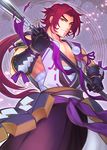  aya_(sabaneko) gauntlets hakama japanese_clothes long_hair male_focus manly polearm ponytail red_hair sarashi smile solo spear tonbokiri_(touken_ranbu) touken_ranbu weapon yellow_eyes 