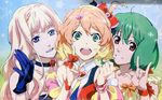  3girls :d bare_shoulders blonde_hair blue_eyes blue_gloves bracelet choker clenched_hand clenched_teeth crossover earrings female freyja_wion gloves green_eyes green_hair hair_ornament happy index_finger_raised jewelry long_hair looking_at_viewer macross_delta macross_frontier multiple_girls neck open_mouth orange_hair ranka_lee red_eyes round_teeth sheryl_nome short_hair side_ponytail smile teeth upper_body waving wristband 