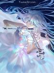  closed_eyes commentary dress glass highres instrument long_hair original sky solo star_(sky) starry_sky violin watermark web_address wenqing_yan white_dress white_hair 