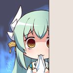  @_@ bangs blue_hair eyebrows_visible_through_hair fate/grand_order fate_(series) horn_ornament horns japanese_clothes kimono kiyohime_(fate/grand_order) langbazi long_hair looking_at_viewer mouth_hold peeking_out signature solo yellow_eyes 