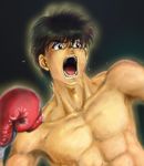  abs black_background black_hair boxing_gloves brown_eyes collarbone flying_sweatdrops hajime_no_ippo makunouchi_ippo male_focus muscle open_mouth shinobibe_himika shirtless solo sweat 