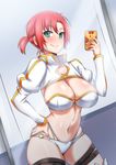  ayuayu_(shouyu_no_sato) blush boudica_(fate/grand_order) bra breasts camera_flash cellphone cleavage closed_mouth commentary_request cropped_jacket dutch_angle fate/grand_order fate_(series) green_eyes hand_on_hip hand_up holding holding_cellphone holding_phone indoors juliet_sleeves large_breasts long_sleeves looking_at_viewer mirror navel o-ring o-ring_bottom o-ring_top phone puffy_sleeves red_hair self_shot short_ponytail shrug_(clothing) sidelocks smartphone smile solo strapless strapless_bra thigh_strap thighhighs thong underwear 