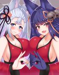  :d animal_ears armpit_peek bangs bare_shoulders bell blue_eyes blue_hair blush breast_press breasts cleavage collarbone commentary_request detached_sleeves erune etan14 fang fox_ears fox_shadow_puppet fox_tail granblue_fantasy hair_bell hair_ornament hair_ribbon highres jingle_bell large_breasts long_hair long_sleeves looking_at_viewer multiple_girls open_mouth red_eyes ribbon sideboob silver_hair smile socie_(granblue_fantasy) symmetrical_docking tail upper_body wide_sleeves yuel_(granblue_fantasy) 