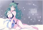  absurdres bad_id bad_yandere_id barefoot bed_sheet bikini black_ribbon blurry blush breasts chiyingzai chromatic_aberration covered_nipples full_body green_eyes green_hair hair_between_eyes hair_ornament hair_ribbon hairclip head_tilt highres kantai_collection large_breasts long_hair looking_at_viewer pillow ponytail ribbon scan sitting solo star swimsuit triangle yamakaze_(kantai_collection) yokozuwari 