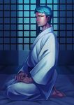  aqua_hair aya_(sabaneko) barefoot japanese_clothes japanese_house kimono looking_at_viewer male_focus night red_eyes robe seiza sitting sliding_doors solo touken_ranbu yamabushi_kunihiro yukata 