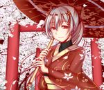  alternate_costume blush breasts closed_mouth fate/grand_order fate_(series) hair_between_eyes highres holding holding_umbrella japanese_clothes kimono long_hair long_sleeves looking_at_viewer medium_breasts nail_polish obi oriental_umbrella petals red_eyes red_kimono red_nails sash silver_hair smile solo standing tetsu_(excalibur920) tomoe_gozen_(fate/grand_order) torii turtleneck umbrella upper_body 