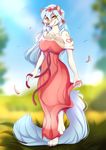  2017 anthro barefoot breasts canine clothed clothing day detailed_background digital_media_(artwork) dress female grass hair lycangel mammal outside sky smile solo standing white_hair 
