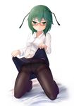  absurdres antennae bangs bespectacled biburu blouse blue_skirt breasts commentary_request crotch_seam full_body glasses green_eyes green_hair highres kneehighs lifted_by_self long_sleeves looking_at_viewer medium_breasts miniskirt navel no_shoes panties panties_under_pantyhose pantyhose red-framed_eyewear semi-rimless_eyewear simple_background skirt skirt_lift solo thighband_pantyhose touhou under-rim_eyewear underwear white_background white_blouse wing_collar wriggle_nightbug 