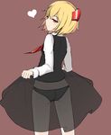  ass bangs black_panties black_skirt blonde_hair brown_background from_behind hair_ribbon heart highres lifted_by_self long_sleeves looking_at_viewer looking_back panties red_eyes red_ribbon redb ribbon rumia see-through simple_background skirt skirt_lift skirt_set solo touhou underwear 