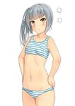 angry bare_arms blue_bra blue_panties bow bow_panties bra brown_eyes collarbone cowboy_shot flat_chest hands_on_hips highres jpeg_artifacts kantai_collection kasumi_(kantai_collection) long_hair md5_mismatch navel panties side_ponytail silver_hair simple_background solo soushou_nin sports_bra striped striped_bra striped_panties underwear underwear_only white_background 