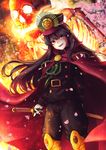  :d black_hair black_hat black_pants brown_eyes cape cherry_blossoms fate/grand_order fate_(series) floating_hair gloves hat highres holding holding_sword holding_weapon katana long_hair looking_at_viewer military military_hat military_uniform oda_nobunaga_(fate) open_mouth pants red_cape saruei sheath sheathed smile solo standing sword uniform very_long_hair visor_cap weapon white_gloves 