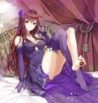  bangs bed_sheet between_toes blush breasts brown_hair cherry crossed_legs curtains dress elbow_gloves eyebrows_visible_through_hair fate/grand_order fate_(series) flower food fruit gloves hair_between_eyes hair_flower hair_ornament heroic_spirit_formal_dress highres indoors jh light_smile long_hair looking_at_viewer medium_breasts on_bed parted_lips pillow purple_dress purple_eyes purple_flower purple_gloves scathach_(fate)_(all) scathach_(fate/grand_order) single_thighhigh sitting smile soles solo thighhighs thighs tiara 