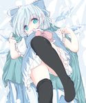  black_legwear blue_bow blue_dress blue_eyes blue_hair bow bowtie cirno dress hair_bow ice ice_wings inasa_orange looking_at_viewer lying on_back panties pantyshot pantyshot_(lying) red_neckwear solo striped striped_panties thighhighs touhou underwear wings 