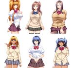  absurdres agawa_ryou amagamido black_legwear blonde_hair blue_eyes blue_hair blush bow bowtie breasts brown_eyes brown_hair buttons cardigan glasses green_eyes gyaru hair_ornament highres huge_breasts iinchou_(amagamido) kaicho_(amagamido) kogal kumi-chan_wa_moto_bitch! kumi_(amagamido) large_breasts lips long_hair luna_(amagamido) medium_breasts megumi_(amagamido) miniskirt multiple_girls original pantyhose pleated_skirt red_bow red_neckwear school_uniform see-through shirt short_hair side_ponytail simple_background skirt smile sweater thighhighs twintails underwear v white_background white_shirt 