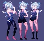  ahoge alternate_costume bare_arms bare_legs barefoot bike_shorts black_legwear blue_bow blue_hair bodysuit bow cirno closed_mouth commentary_request contrapposto covered_navel full_body hair_between_eyes ice ice_wings kneehighs looking_at_viewer multiple_girls multiple_persona no_shoes one-piece_swimsuit school_swimsuit shimizu_pem simple_background smile standing swimsuit teeth touhou unitard wings 
