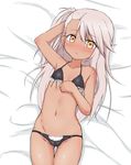  absurdres arm_behind_head arm_up bad_id bad_twitter_id bare_arms bare_shoulders bed_sheet bikini black_bikini blush body_blush bra breasts chloe_von_einzbern closed_mouth collarbone cowboy_shot dark_skin eyebrows_visible_through_hair fate/kaleid_liner_prisma_illya fate_(series) flat_chest from_above groin highres long_hair looking_at_viewer lying maid_bikini navel nose_blush on_back panties pink_hair side_ponytail sketch small_breasts solo stomach swimsuit tareme thigh_gap thighs underwear underwear_only yakihebi yellow_eyes 