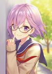  bangs blurry blush closed_mouth day depth_of_field eyebrows_visible_through_hair fate/grand_order fate_(series) glasses hair_over_one_eye haru_(hiyori-kohal) index_finger_raised looking_at_viewer mash_kyrielight neckerchief outdoors purple_eyes purple_hair red_neckwear school_uniform serafuku short_hair smile solo sweater upper_body 