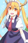  blonde_hair blue_background blush breasts dragon_girl dragon_horns eyebrows_visible_through_hair gloves gradient_hair highres horns joy_kim kobayashi-san_chi_no_maidragon large_breasts long_hair looking_at_viewer maid maid_headdress multicolored_hair necktie open_mouth signature slit_pupils smile solo tail tooru_(maidragon) twintails white_gloves 