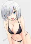  bikini black_bikini blue_eyes breasts cleavage collarbone eyebrows_visible_through_hair fuuma_nagi grey_background hair_ornament hair_over_one_eye hairclip hamakaze_(kantai_collection) kantai_collection large_breasts leaning_forward looking_at_viewer navel open_mouth short_hair silver_hair simple_background skindentation solo swimsuit twitter_username upper_body 