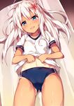  :d alternate_costume bag blue_eyes blush breasts buruma cameltoe cowboy_shot eyebrows_visible_through_hair flower from_above gym_uniform hair_flower hair_ornament head_tilt highres kantai_collection lifted_by_self long_hair lying md5_mismatch on_back open_mouth panties panties_under_buruma panty_peek ro-500_(kantai_collection) shiny shiny_hair shiny_skin shirt shirt_lift short_sleeves silver_hair small_breasts smile solo sweat tan tanline tareme thighs unacchi_(nyusankin) underwear white_panties white_shirt 