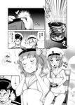  2girls :d admiral_(kantai_collection) comic commentary_request dress eating food greyscale hat imu_sanjo kantai_collection military military_uniform monochrome multiple_girls naval_uniform navel open_mouth peaked_cap plate sailor_bikini sailor_collar sailor_dress sailor_hat short_hair sitting smile sushi translated uniform z1_leberecht_maass_(kantai_collection) z3_max_schultz_(kantai_collection) 