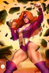  1girl abs artist_name bodysuit boots center_opening curly_hair didi_esmeralda green_eyes highres long_hair marvel mask orange_hair rock solo titania_(marvel) 