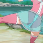  ass calen_(time_bokan) haruyama_kazunori head_out_of_frame leg_up pink_legwear skirt solo standing standing_on_one_leg thighhighs time_bokan_(series) time_bokan_24 transparent_skirt 