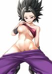  bandeau bandeau_lift black_hair breasts caulifla dragon_ball dragon_ball_super kaorihero kneeling large_breasts navel nipples one_breast_out pants_down pubic_hair simple_background smile solo spiked_hair stomach white_background wristband 