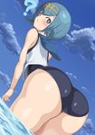  ? ass bare_arms blue_eyes blue_hair blue_sky blush cloud day from_behind kanno_(user_tgnd4488) leaning_forward looking_back one-piece_swimsuit outdoors parted_lips pokemon pokemon_(game) pokemon_sm short_hair sky solo suiren_(pokemon) sweater_vest swimsuit swimsuit_under_clothes trial_captain wading water 