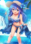  :d bent_over bikini blue_eyes blue_hair blue_innertube blue_sky breasts cleavage cloud cloudy_sky collarbone commentary_request day hair_ornament hairpin hat highres horizon innertube large_breasts long_hair looking_at_viewer navel ocean open_mouth original plaid plaid_bikini shallow_water sky smile snow_(gi66gotyo) solo sun_hat swimsuit 