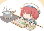  blush_stickers braid chibi cutting_board etorofu_(kantai_collection) gloves hanomido hat kantai_collection open_mouth pot red_hair sailor_hat school_uniform serafuku short_hair sidelocks solid_eyes spring_onion steam stove twin_braids udon white_gloves |_| 