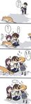  ahoge betchan brown_hair cat comic gloves hagikaze_(kantai_collection) highres japanese_clothes kaga_(kantai_collection) kantai_collection long_hair maikaze_(kantai_collection) multiple_girls one_side_up petting purple_hair ribbon school_uniform side_ponytail skirt translated vest 