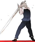  ag_ss41 ahoge balmung_(fate/apocrypha) bangs black_pants eyebrows_visible_through_hair fate/apocrypha fate_(series) holding holding_sword holding_weapon long_pants long_sleeves male_focus pants red_eyes shirt shoes short_hair sieg_(fate/apocrypha) silver_hair solo sweat sword waistcoat weapon white_shirt 