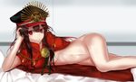  arm_behind_back bed_sheet black_hat breasts brown_hair cape fate/grand_order fate_(series) hair_between_eyes hat indoors komainu_(yamaha1997) long_hair looking_at_viewer lying medium_breasts military_hat naked_cape oda_nobunaga_(fate) on_side pillow red_cape red_eyes shiny shiny_skin smile solo underwear 