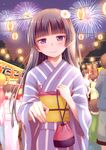  3girls bag bangs black_hair blunt_bangs cowboy_shot festival fireworks gokou_ruri herunin highres japanese_clothes kimono lantern long_hair looking_at_viewer mole mole_under_eye multiple_boys multiple_girls ore_no_imouto_ga_konna_ni_kawaii_wake_ga_nai purple_eyes purple_kimono smile solo_focus striped striped_kimono yukata 