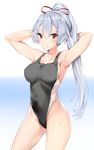  armpits arms_up bangs black_swimsuit blush breasts collarbone competition_swimsuit contrapposto covered_navel cowboy_shot eyebrows_visible_through_hair fate/grand_order fate_(series) gradient gradient_background hair_between_eyes hair_ribbon highres hips legs_apart long_hair medium_breasts one-piece_swimsuit parted_lips ponytail red_eyes red_ribbon ribbon shiny shiny_hair sidelocks silver_(chenwen) silver_hair solo standing swimsuit thighs tomoe_gozen_(fate/grand_order) tsurime very_long_hair 