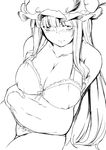  bangs bare_shoulders belly belly_grab blunt_bangs blush bow bow_bra bow_panties bra breasts cleavage covered_nipples deetamu fat_folds grabbing greyscale hat highres large_breasts long_hair looking_at_viewer mob_cap monochrome panties patchouli_knowledge plump simple_background solo touhou underwear weight_conscious white_background 