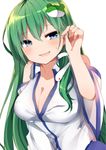  bangs blue_eyes blush bow breasts buttons cleavage detached_sleeves eyebrows_visible_through_hair frog_hair_ornament green_hair hair_bow hair_ornament hand_up highres karasusou_nano kochiya_sanae large_breasts long_hair looking_at_viewer open_mouth sidelocks simple_background smile snake_hair_ornament solo sweat touhou upper_body white_background wide_sleeves 